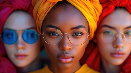 Three women wearing glasses and head scarves. Generative AI.