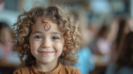 A young girl with curly hair smiling at the camera. Generative AI.