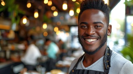 A smiling black man in an apron standing in a restaurant. Generative AI.