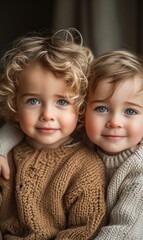 Two little children in sweaters posing for the camera. Generative AI.