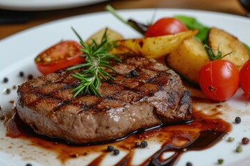 Grilled steak with vegetables and sauce on a white plate. Generative AI.