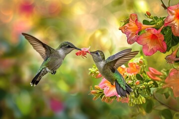 A pair of birds gracefully soar through the sky near a vibrant cluster of flowers, A pair of hummingbirds sipping nectar from blooming flowers, AI Generated