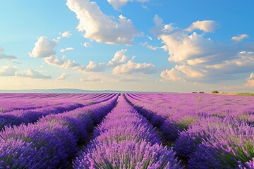 A vibrant field filled with rows of lavender flowers subtly swaying under a cloudy sky, A panorama...