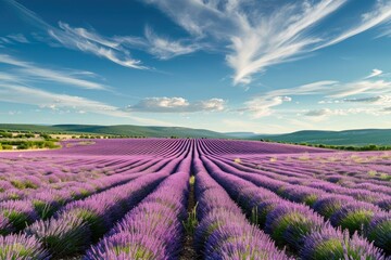 A beautiful field filled with lavender flowers, stretching as far as the eye can see, under a clear blue sky, A panorama of vast lavender fields under a radiant summer sky, AI Generated