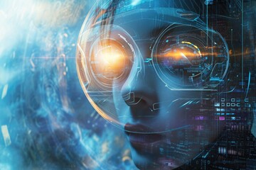 A photograph featuring a womans face with a futuristic interface displayed in the background, A parallel universe where technology has evolved beyond human comprehension, AI Generated