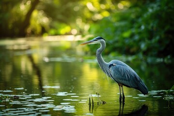 A bird stands in the shallow water, surrounded by ripples and reflections, A patient heron standing in a serene pond, waiting for fish, AI Generated