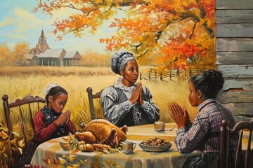 Fototapeta na wymiar A painting depicting three women sitting around a table with a turkey as the main subject, A peaceful depiction of a family saying grace before their Thanksgiving meal, AI Generated
