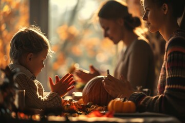 A diverse group of individuals gathered around a table, sharing a meal and engaging in conversation, A peaceful depiction of a family saying grace before their Thanksgiving meal, AI Generated