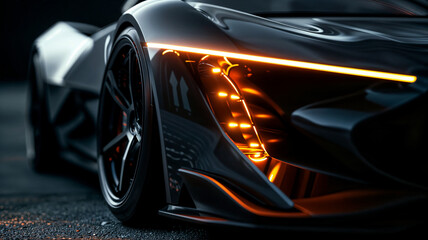 Sleek Black Futuristic Sports Car with Orange LED Illumination and Aerodynamic Design