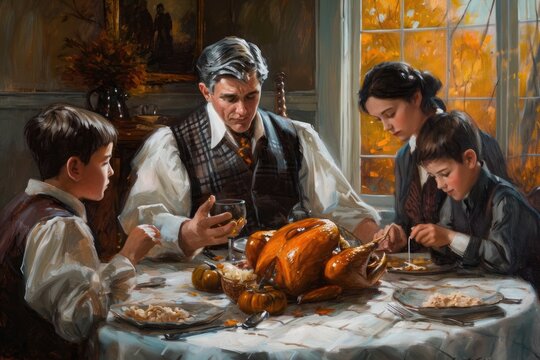 A painting showcasing a family gathered around a table, enjoying a meal while eating a turkey, A peaceful depiction of a family saying grace before their Thanksgiving meal, AI Generated
