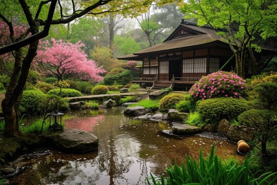 This photo captures a Japanese garden featuring a serene pond and an array of trees, A peaceful Japanese garden in springtime, AI Generated