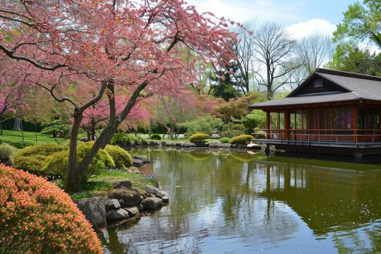 A photo of a pond in a park with a pavilion visible in the background, surrounded by trees and vegetation, A peaceful Japanese garden in springtime, AI Generated