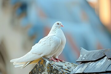 A white bird confidently sits on top of a roof, surveying its surroundings, A peaceful white dove perched on a church steeple, AI Generated