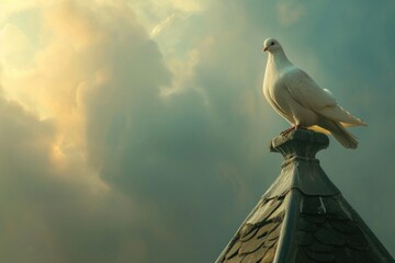 A white bird perches on top of a rooftop, surveying its surroundings, A peaceful white dove perched on a church steeple, AI Generated - obrazy, fototapety, plakaty