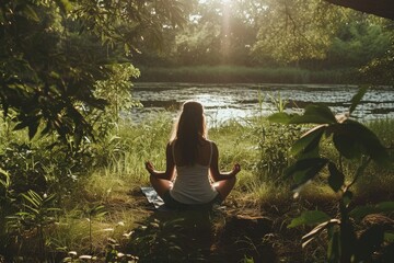 A woman is seated in the grass, performing yoga poses to enhance her flexibility and relaxation, A peaceful yoga practice in nature, AI Generated - obrazy, fototapety, plakaty