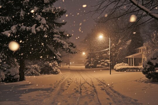 A photo depicting a snowy night with a street light illuminating a snowy street and tall trees in the background, A peaceful winter snowfall on Christmas Eve, AI Generated