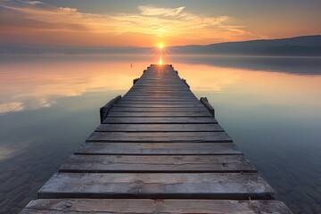 Fototapeta na wymiar Long Wooden Dock Extending Into a Body of Water, A picturesque scene of a wooden pier extending into a calm lake at sunrise, AI Generated