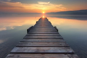  Long Wooden Dock Extending Into a Body of Water, A picturesque scene of a wooden pier extending into a calm lake at sunrise, AI Generated © Ifti Digital
