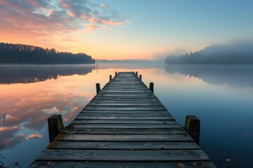 A dock stands atop a peaceful lake, nestled next to a dense forest, A picturesque scene of a wooden pier extending into a calm lake at sunrise, AI Generated - obrazy, fototapety, plakaty
