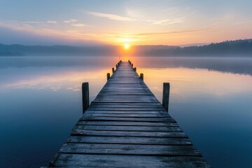 A dock made of wood is seen floating in the middle of a vast body of water, A picturesque scene of a wooden pier extending into a calm lake at sunrise, AI Generated