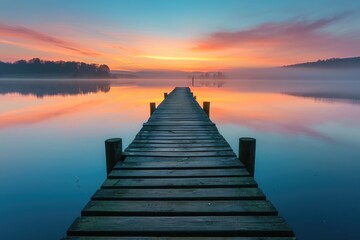 A Dock Floating in the Water, A picturesque scene of a wooden pier extending into a calm lake at sunrise, AI Generated - Powered by Adobe