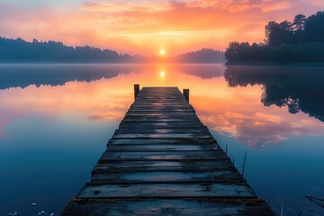 A wooden dock is seen floating on the calm water, creating a platform for boats to rest, A picturesque scene of a wooden pier extending into a calm lake at sunrise, AI Generated - obrazy, fototapety, plakaty