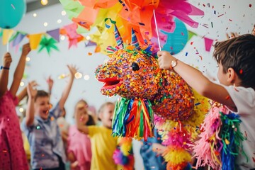 Fototapeta premium Group of Children Standing Around Colorful Horse, A pinata being exploded at a vibrant children's party, AI Generated