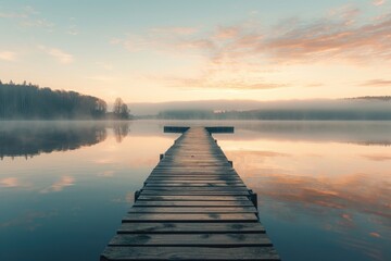 A dock extends over a serene lake, surrounded by lush greenery of a nearby forest, A picturesque scene of a wooden pier extending into a calm lake at sunrise, AI Generated
