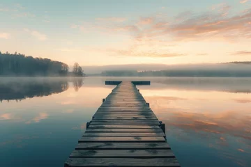 Tuinposter A dock extends over a serene lake, surrounded by lush greenery of a nearby forest, A picturesque scene of a wooden pier extending into a calm lake at sunrise, AI Generated © Ifti Digital