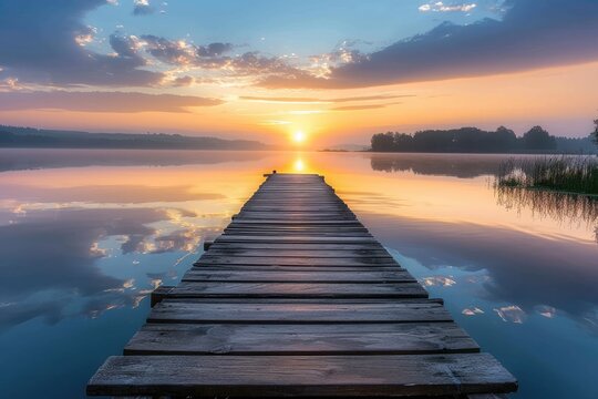 A stunning photograph capturing the serene beauty of a long dock extending into the water as the sun sets, A picturesque scene of a wooden pier extending into a calm lake at sunrise, AI Generated