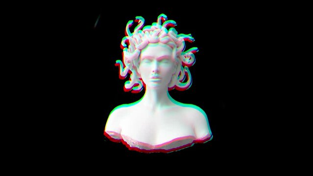 animation of Roman statue with rbg effect. Glitch over medusa classical greek statue animated with alpha channel