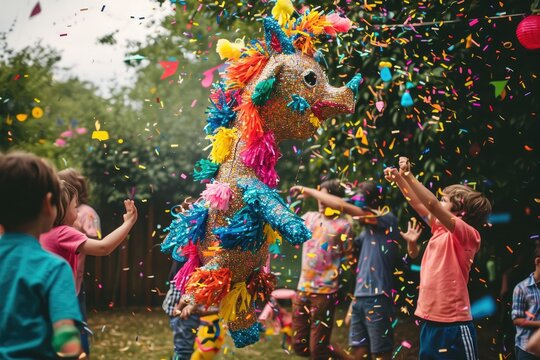 A lively group of children excitedly throw colorful confetti into the air during a festive celebration, A pinata being exploded at a vibrant children's party, AI Generated