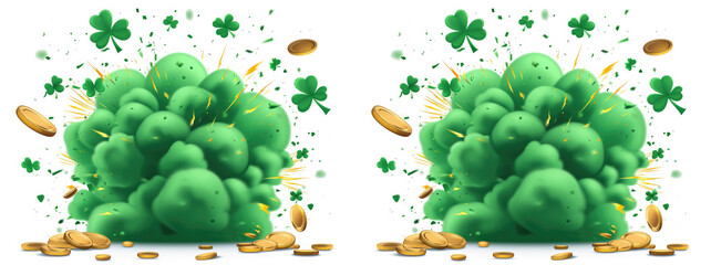 Set of green explosions for St. Patrick's Day on white background. - obrazy, fototapety, plakaty