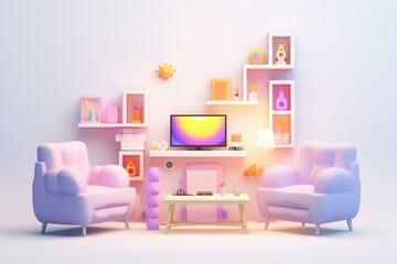 A charming, minimalistic living room with pastel colors, featuring a bright TV and comfortable chairs. Generative AI.