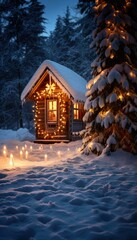 A cozy wooden cabin adorned with Christmas lights in a snowy landscape. Generative AI.