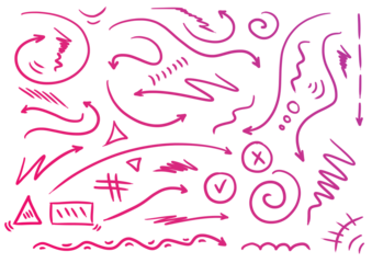 set of doodle arrow signs on transparent background. arrow signs and geometric shapes