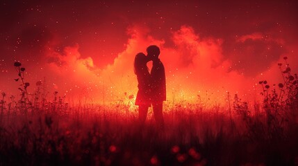 Couple Enjoying Romantic Sunset in Field