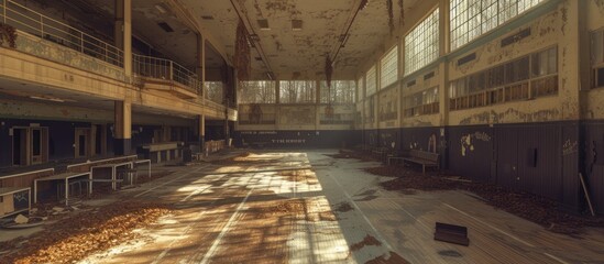 Abandoned school with a dark, creepy, ruined gymnasium.