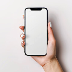 hand  holds big phone with white screen