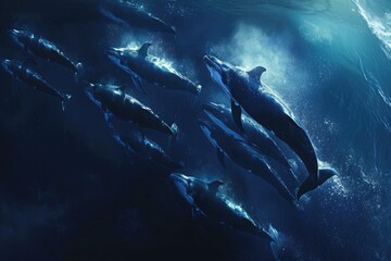 A pod of dolphins gracefully swimming together in the vast ocean, A pod of whales making their migration journey, AI Generated