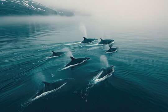 A pod of dolphins gracefully swim together in the vast expanse of the ocean, A pod of whales making their migration journey, AI Generated