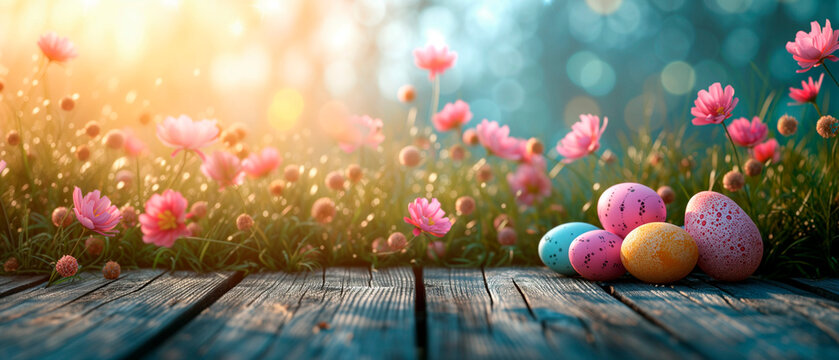 Easter eggs on wooden table against blurred background. Spring holidays concept