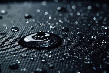 A single drop of water sits on top of a smooth black surface, perfectly balanced, A raindrop falling on a nano-engineered waterproof surface, AI Generated
