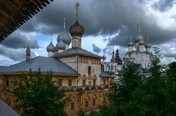 Beautiful view of the Orthodox church, stormy sky, ancient architecture, travel around Russia