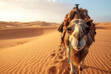 Foto op Plexiglas A camel is seen walking through the sandy desert against a backdrop of a clear sky, A resilient camel trekking through the scorching desert, AI Generated © Ifti Digital