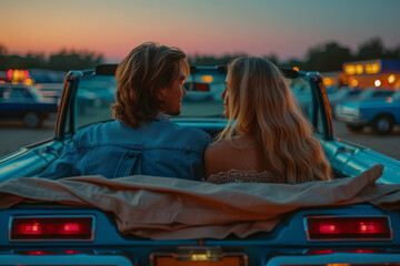 A couple enjoying a date night at a drive-in movie theater, capturing the vintage romance of watching films under the stars. Concept of retro date nights. Generative Ai.