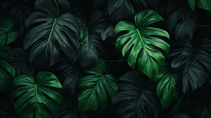 Tropical green leaves on dark background nature