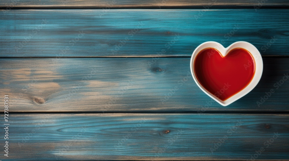 Poster A heart-shaped cup of red coffee on a wooden table. Generative AI.