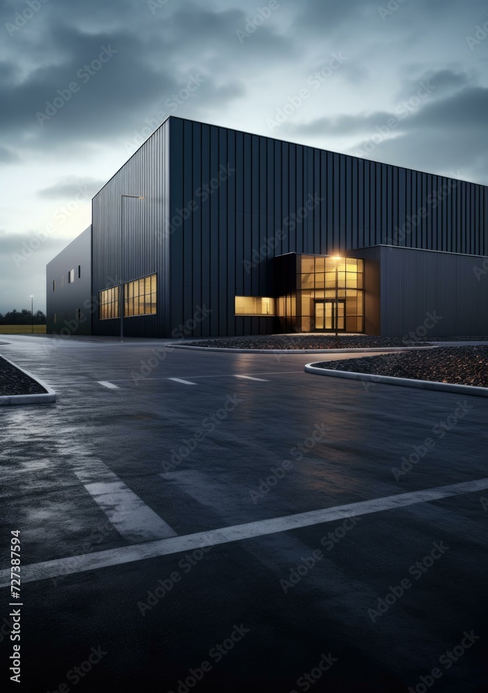 Poster Industrial building with dark sky and street at dusk. Generative AI.