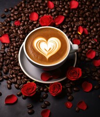 Coffee cup with heart shape on black background with roses and coffee beans. Generative AI.